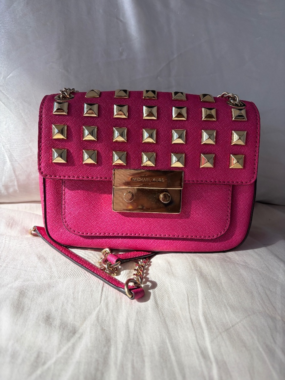 Michael Kors Pink and Gold Studded Flap Crossbody Bag